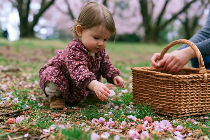A young child gathers fallen cherry blossoms under trees in full bloom while an adult is nearby, preparing a picnic basket, enjoying a spring day outdoors.