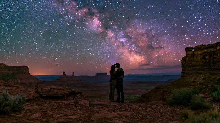 A young couple kissing beneath visible Milky Way in a desert setting during night.