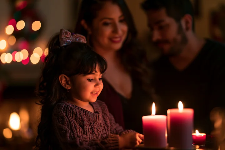 A young girl sits at a table with her parents, watching candles flicker during a holiday celebration.