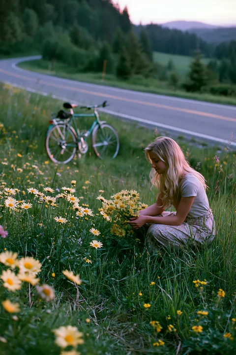 A young woman gathers yellow flowers while sitting on a grassy area next to a road.