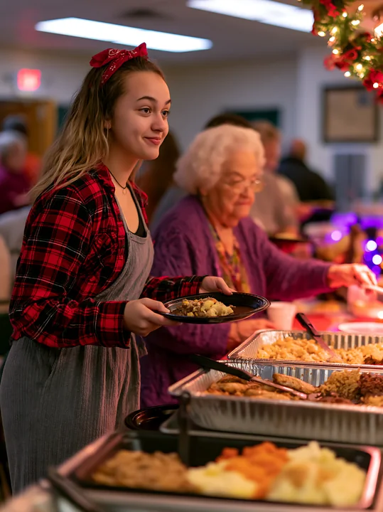 A young woman holds a plate as she serves food at a community potluck buffet in a warm setting, surrounded by people enjoying the meal and socializing.