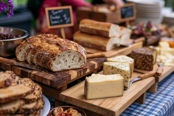 A zero waste buffet table displays selections of artisan bread and cheese.