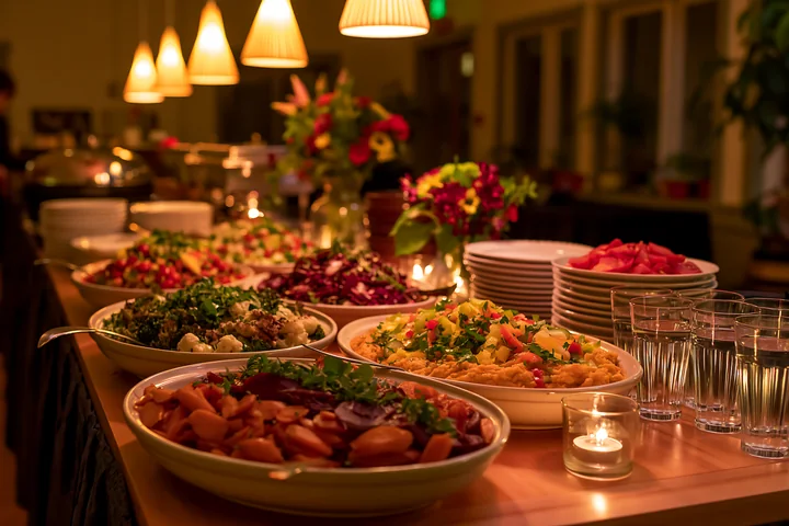 A zero waste buffet table displays various fresh dishes arranged neatly in bowls.