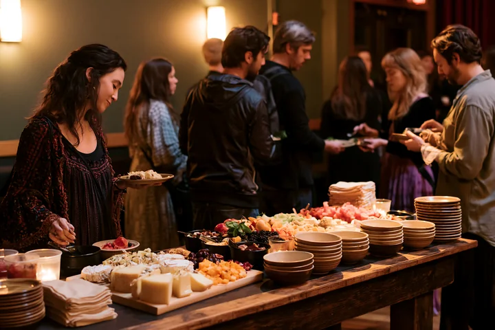 A zero waste buffet table features a variety of dishes while guests gather around to enjoy food and socialize in an indoor setting.