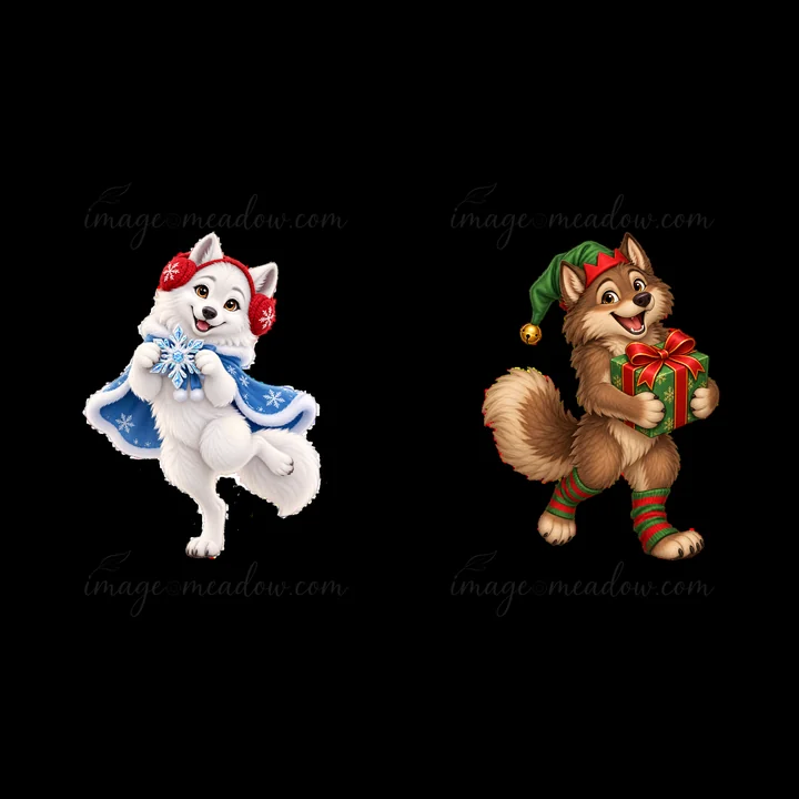 Two cartoon wolves celebrate Christmas. The white wolf wears red earmuffs and a blue cape while holding a snowflake. The brown wolf wears a green hat and festiv