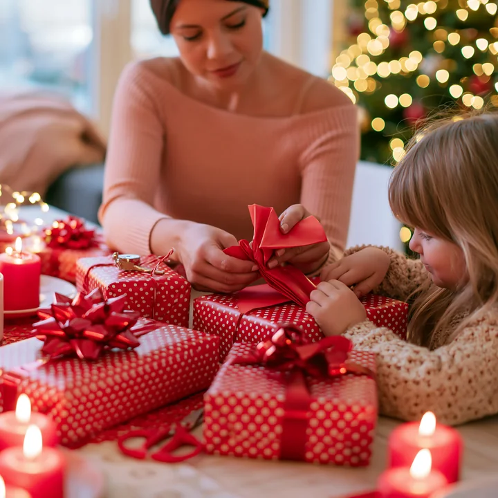 Adult and child tie red ribbon around gifts beside a decorated Christmas tree.