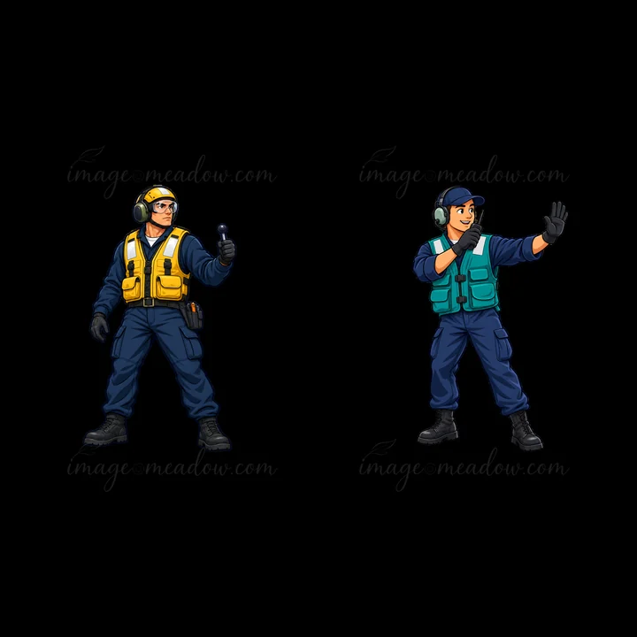 Two cartoon characters represent aircraft carrier crew members on deck. One figure holds a radio while the other signals to incoming aircraft. They wear safety