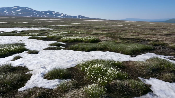 A wide meadow in Akita features patches of melting snow and green grasses. The landscape shows distant mountains under clear blue skies during early spring.