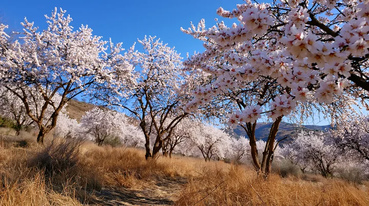 Almond tree blossoms in landscape create a vibrant scene in spring.