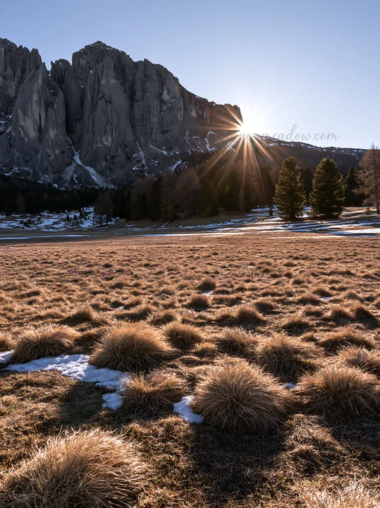 Sunlight breaks over the Alpe di Siusi meadow, illuminating the grass and creating shadows on the ground. The rugged mountains provide a dramatic backdrop to th