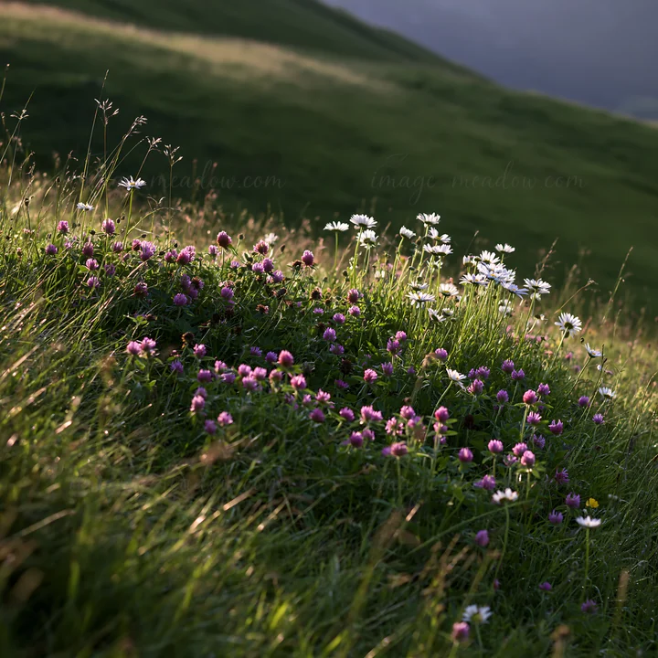Sunlight shines on a meadow in Alpe di Siusi, lighting up various wildflowers. The scene captures lush green grass and different colors of blooming flowers duri