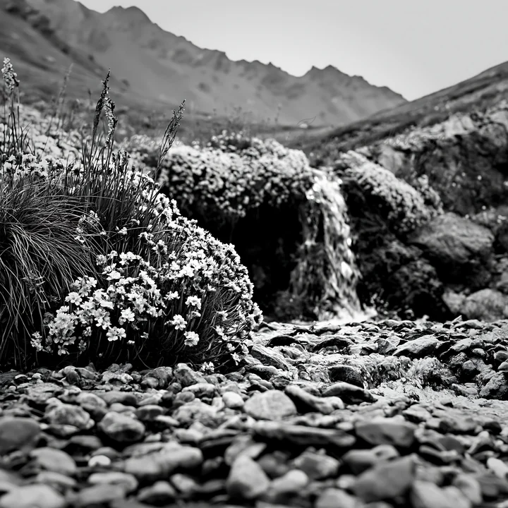A waterfall flows through a rocky area in the alpine region. Wildflowers bloom nearby, adding natural beauty to the landscape. Mountains rise in the background