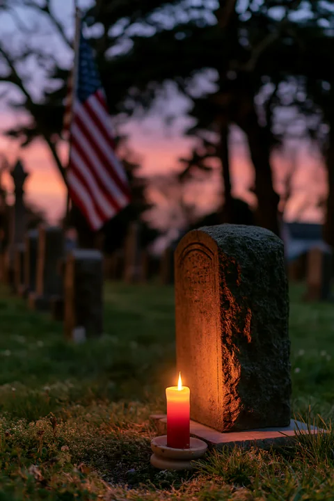 American flag above a row of veterans graves stands in a cemetery at dusk.