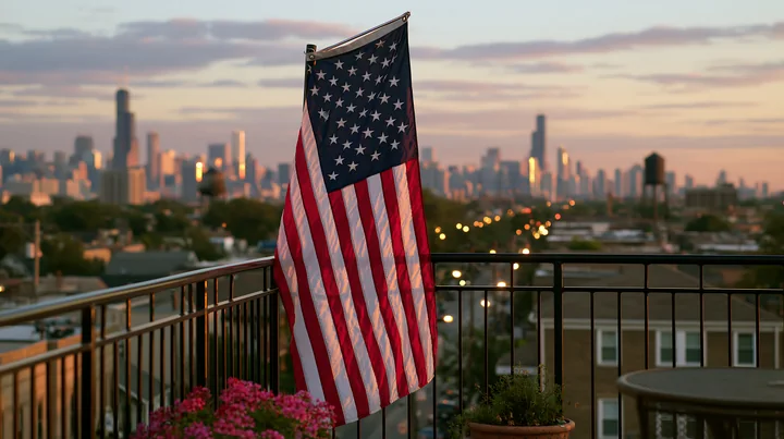 American flag hanging vertically on a balcony with a city skyline in the background during sunset.