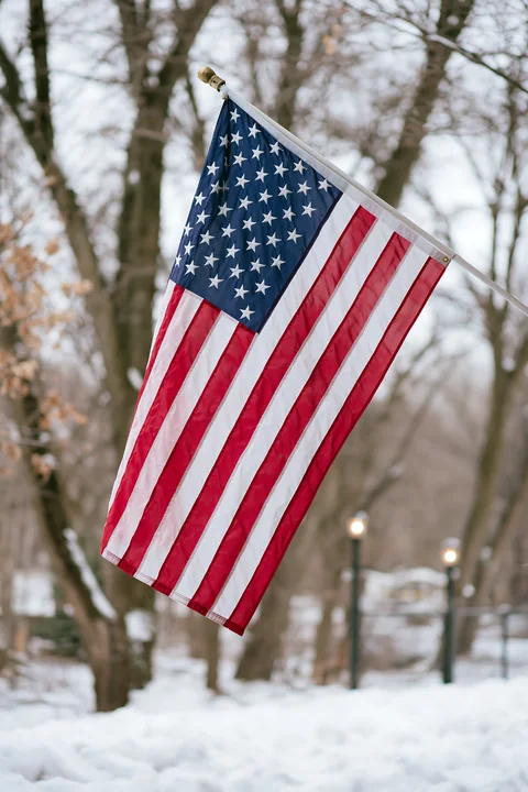 American flag waving in gentle breeze stands out against a winter backdrop.