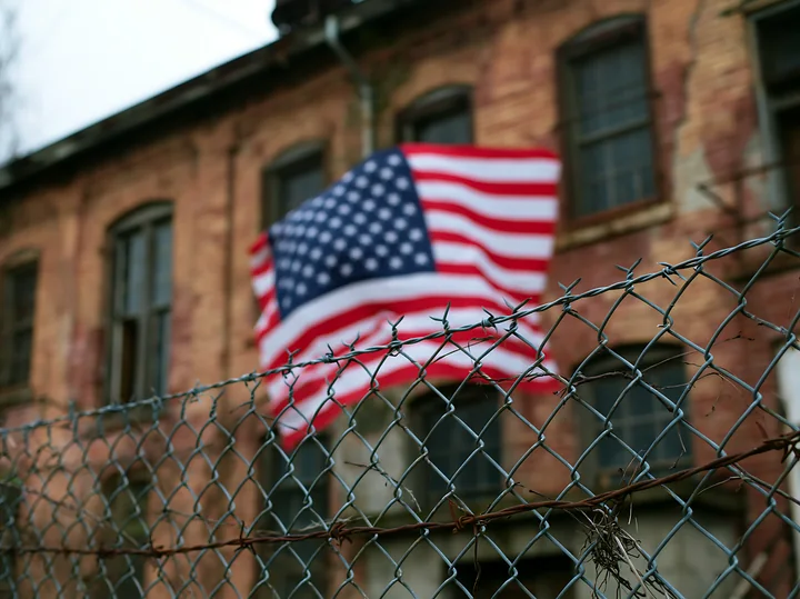 An American flag behind barbed wire flutters near an old building.