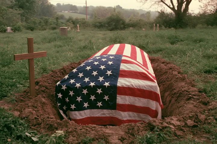 An American flag-draped coffin is positioned beside an open grave in a rural area.