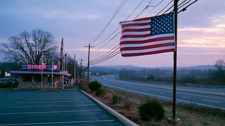 An American flag flying in strong wind stands prominently outside a diner along a quiet highway at dusk.