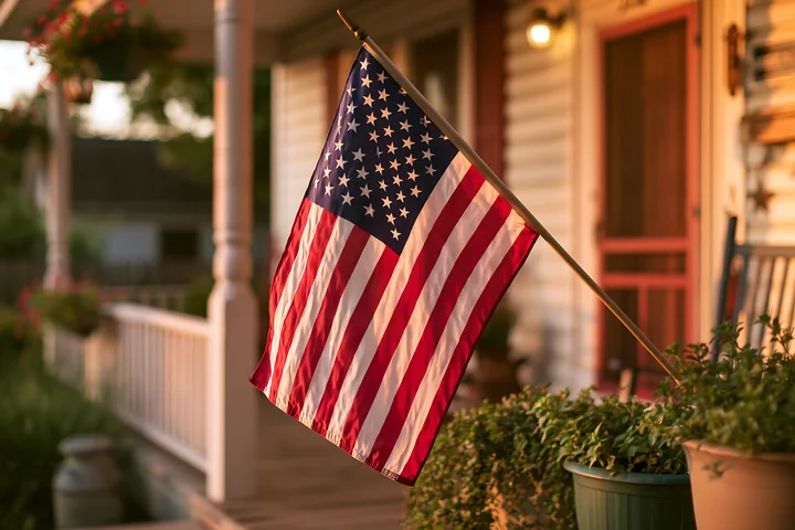 An American flag hanging from a porch is shown in a residential area during sunset.