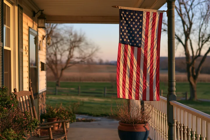 An American flag hanging from a porch sways gently in the breeze, with a rural landscape visible in the background.