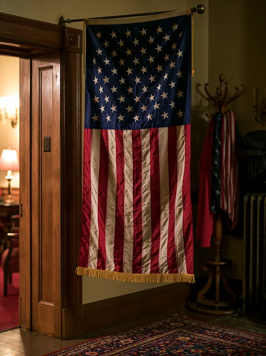 An American flag hanging vertically is displayed in a room with warm lighting.
