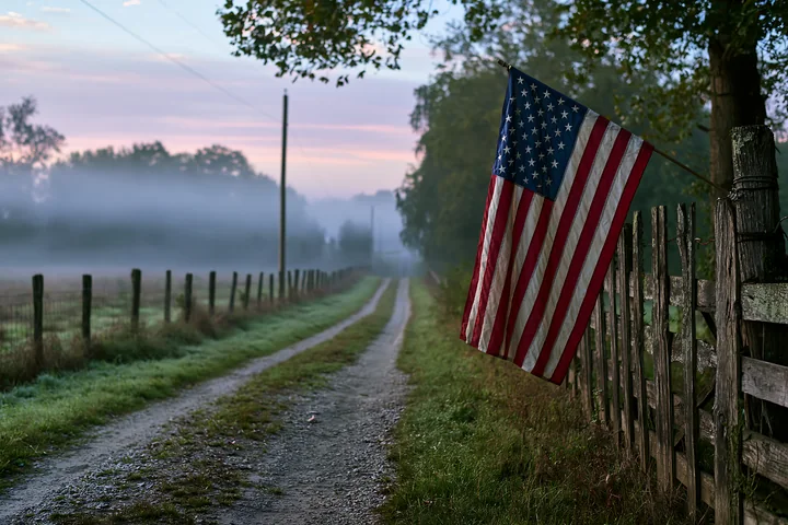 An American flag hangs on a fence by a gravel road surrounded by a misty landscape.