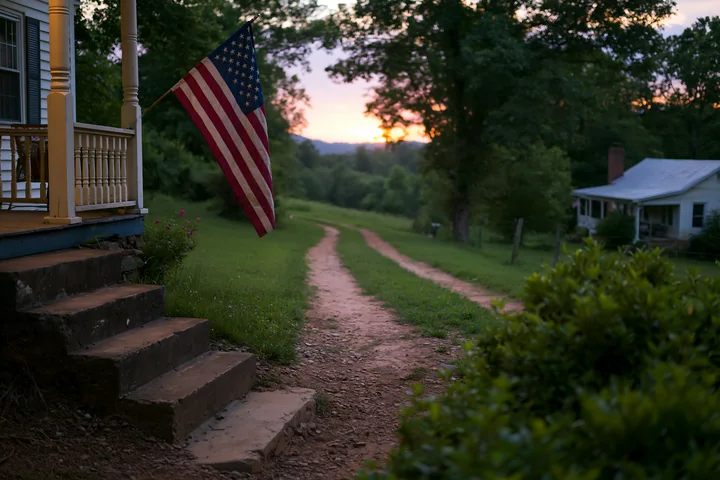 An American flag is displayed on a porch near a rural road as the sun sets behind green trees.