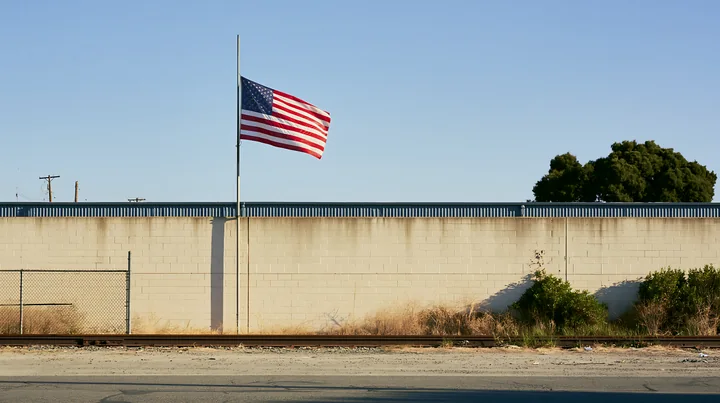 An American flag outside a factory stands tall against a clear blue sky.