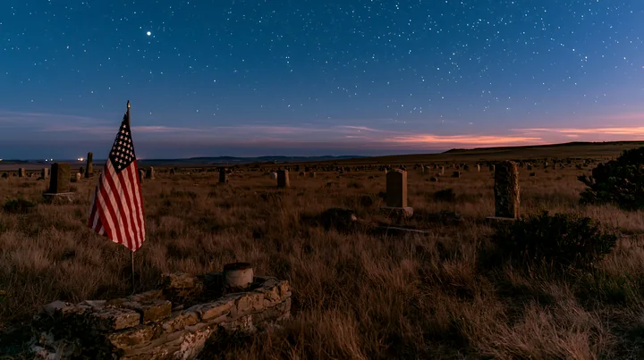 An American flag stands among graves in a cemetery illuminated by stars at night.