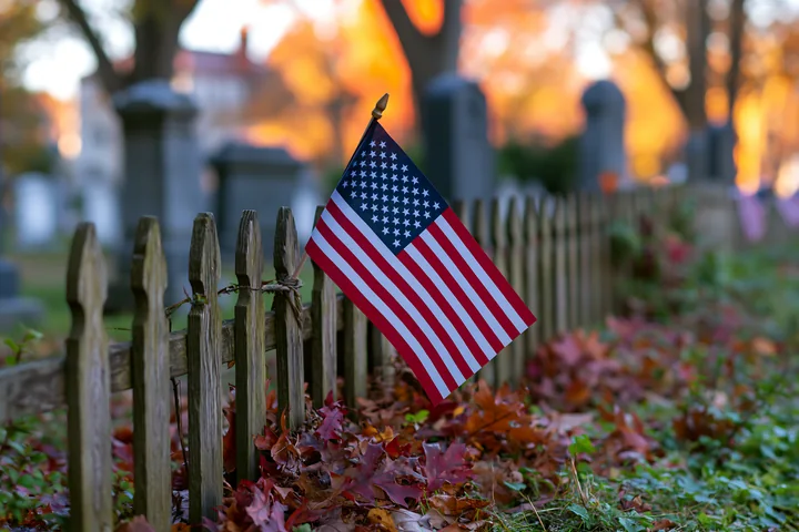 An American flag stands at the edge of Arlington cemetery among fallen leaves.
