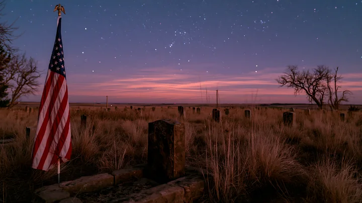 An American flag stands next to grave markers in an open field as stars fill the sky during dusk.