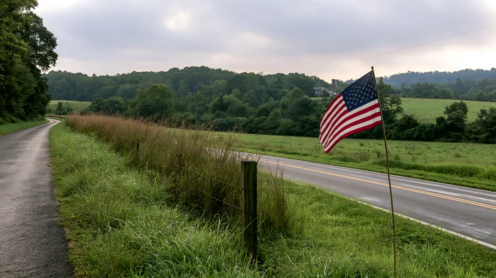 An American flag stands tall on a rural road surrounded by green fields and distant hills.