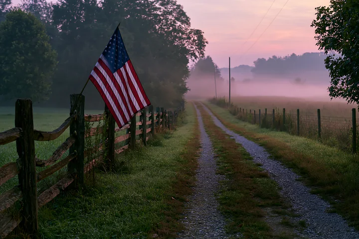 An American flag waves gently beside a gravel road lined with a wooden fence.