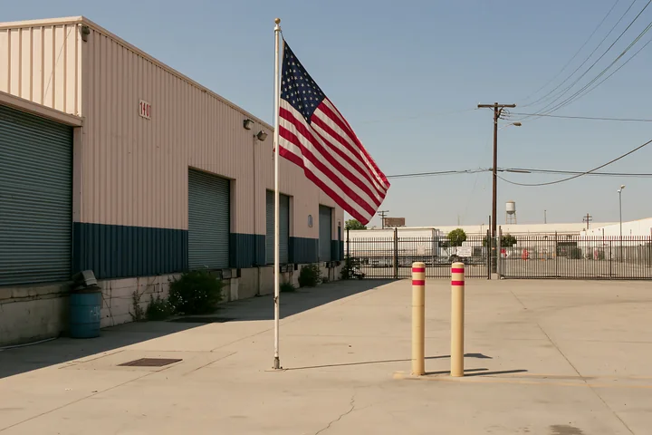 An American flag waves proudly outside a factory in an industrial area during daylight.