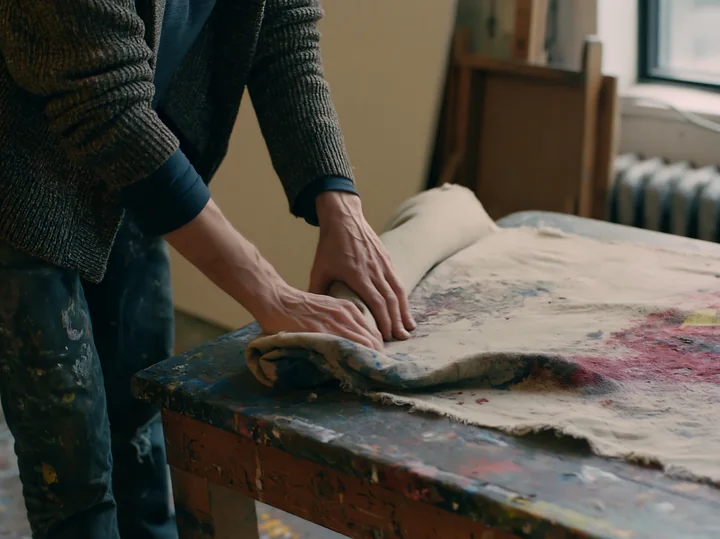 An artist is rolling a splattered artist canvas textile on a wooden table in an art studio.