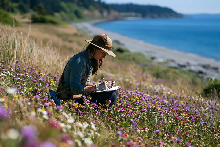 An artist sits in a field of wildflowers, sketching by the edge of a calm sea.