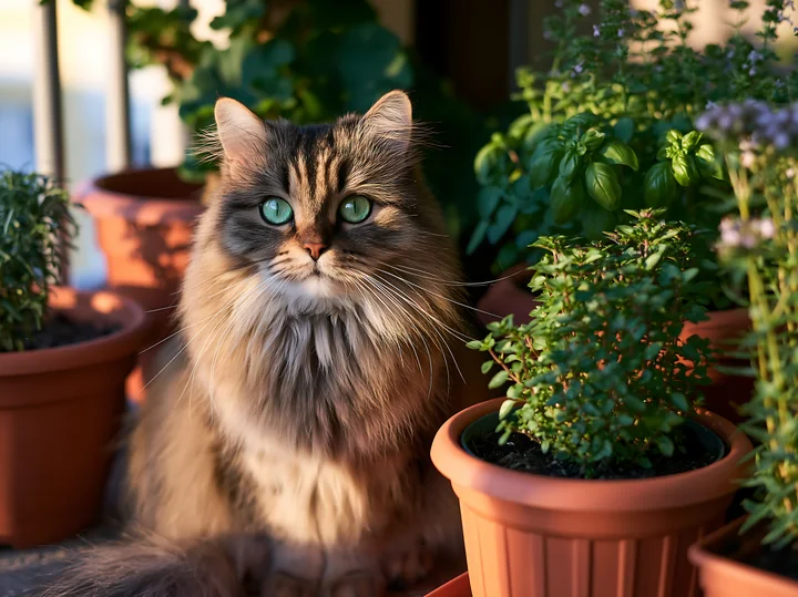 An Asian Semi-longhair cat looks curiously among green plants in pots on a balcony.
