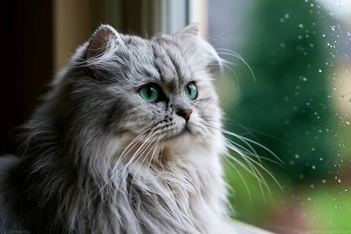 An Asian Semi-longhair cat sits by the window, gazing outdoors as raindrops slide down the glass.