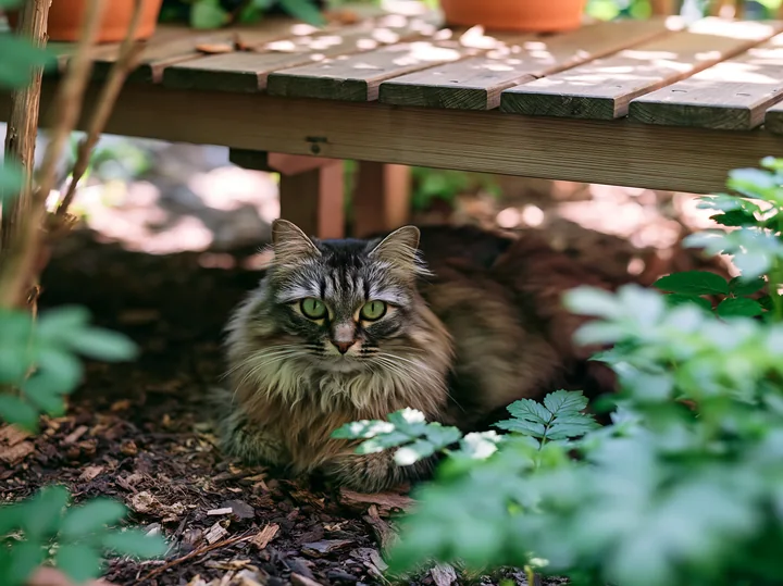 An Asian Semi-longhair cat sits quietly under a wooden structure, surrounded by green plants and garden elements.