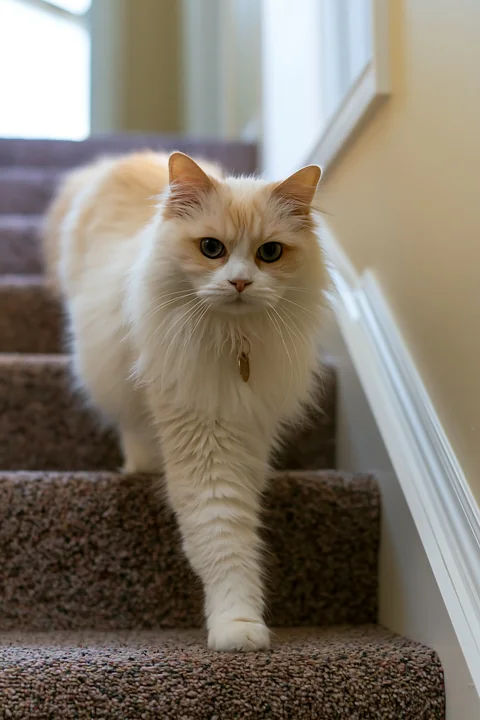An Asian Semi-longhair cat walks down the stairs in a home.