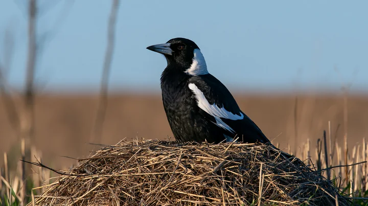 An Australian magpie in grassland sits on a nest made of twigs and grass, observing its surroundings under a clear sky.