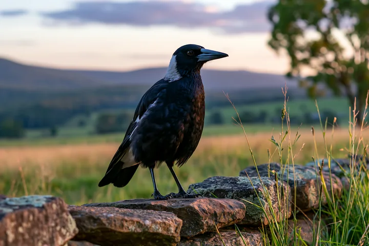 An Australian magpie in grassland stands on a stone wall as the sun sets, showcasing a landscape of fields and trees in the background.