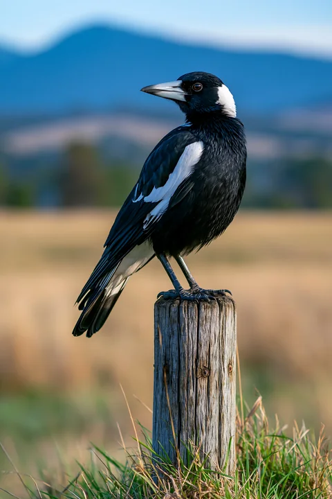 An Australian magpie in grassland stands on a wooden post, observing its surroundings.