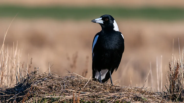 An Australian magpie is perched on a small mound in open grassland.