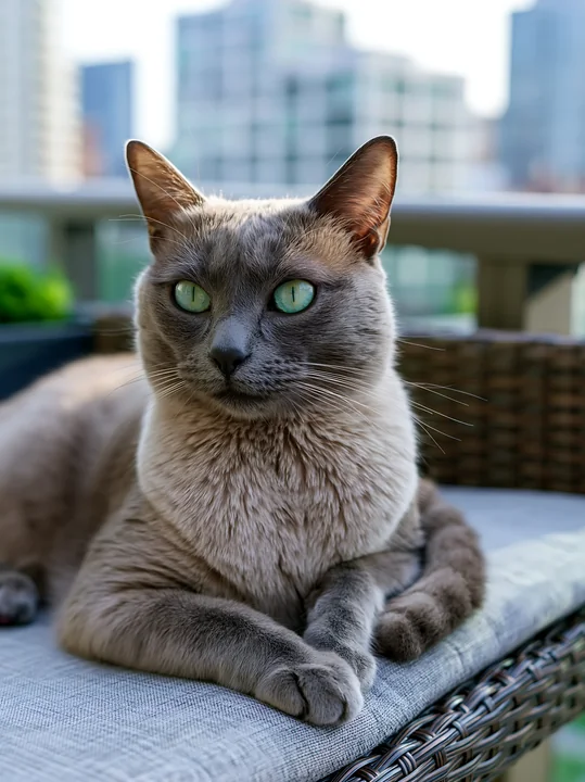 An Australian Mist cat is lying on a balcony's lounge chair with a city skyline in the background.