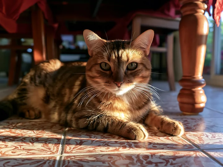 An Australian Mist cat lies on a tiled floor beneath a wooden table, enjoying warm sunlight.