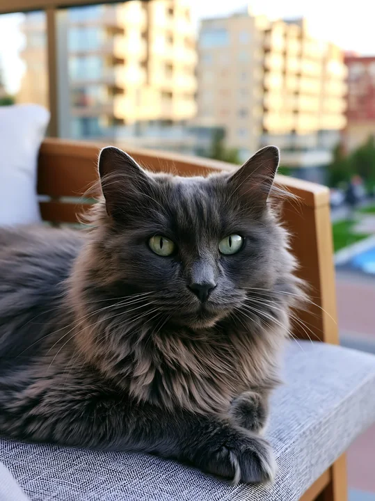 An Australian Mist cat lounges on a balcony with a city view.