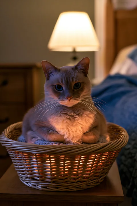 An Australian Mist cat sits calmly in a woven basket with a soft blanket.