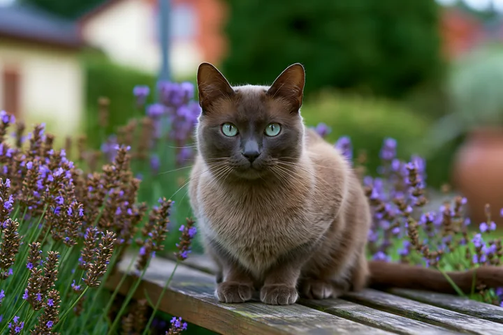 An Australian Mist cat sits on a wooden bench surrounded by lavender flowers in a garden.