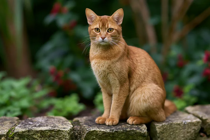 An Australian Mist cat sits on stones in a garden surrounded by green plants and small red flowers.